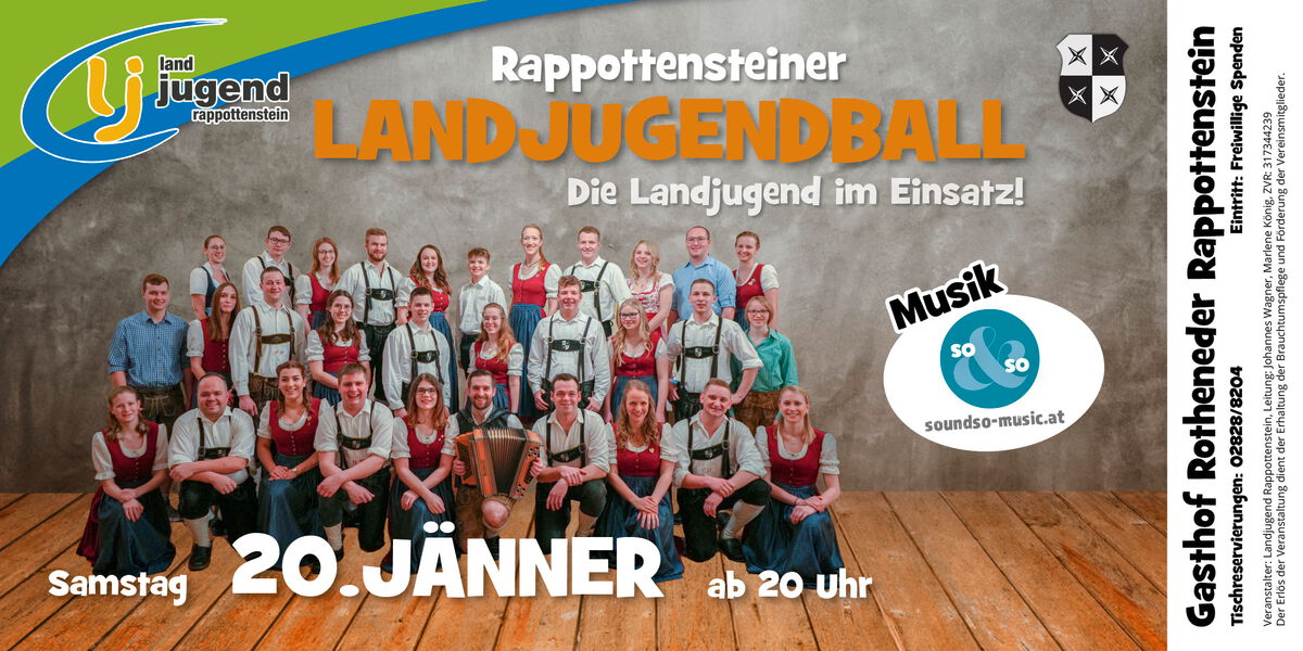 Wir laden alle recht herzlich zum diesjährigen Rappottensteiner Landjugendball am 20. Jänner 2024 ab 20 Uhr in den Gasthof Rotheneder ein. Die Landjugend freut sich auf viele Besucher und eine schöne Ballnacht!