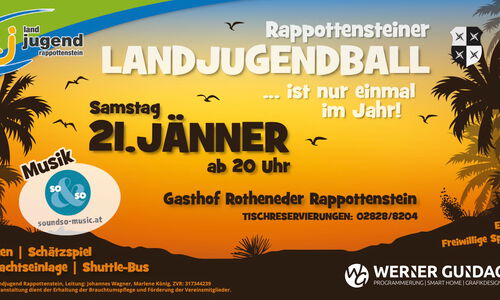 Wir laden alle recht herzlich zum diesjährigen Ball der Landjugend Rappottenstein am 21. Jänner ab 20 Uhr in den Gasthof Rotheneder ein. Die Landjugend freut sich auf viele Besucher und eine schöne Ballnacht!