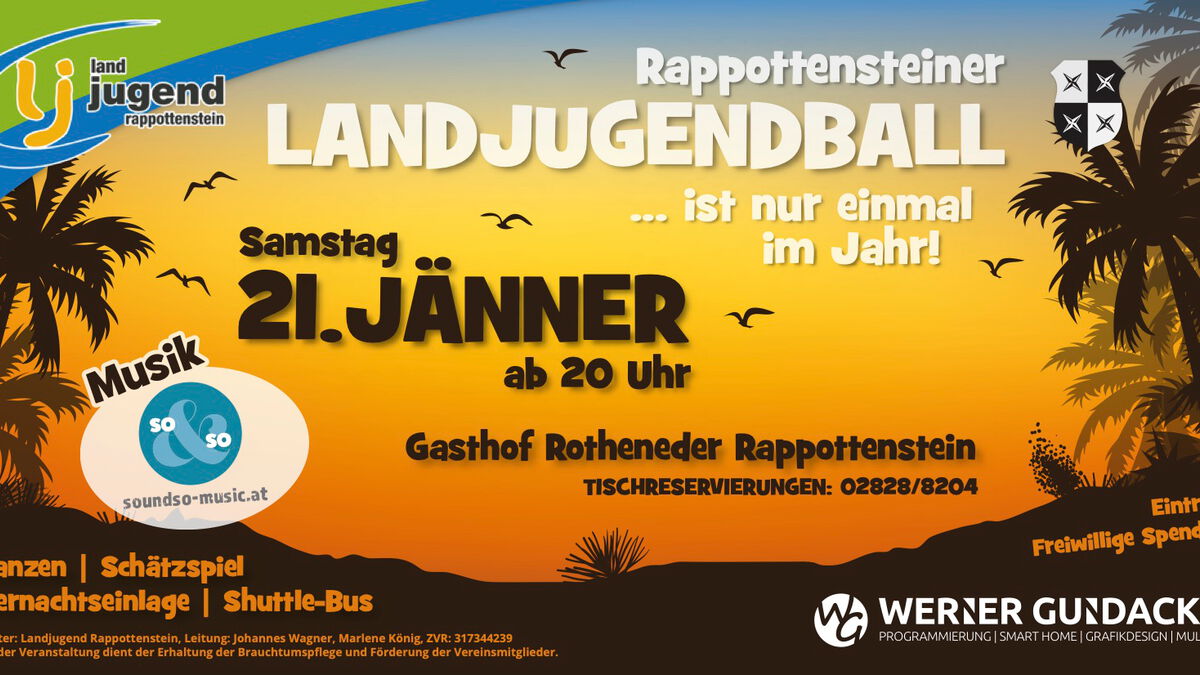 Wir laden alle recht herzlich zum diesjährigen Ball der Landjugend Rappottenstein am 21. Jänner ab 20 Uhr in den Gasthof Rotheneder ein. Die Landjugend freut sich auf viele Besucher und eine schöne Ballnacht!